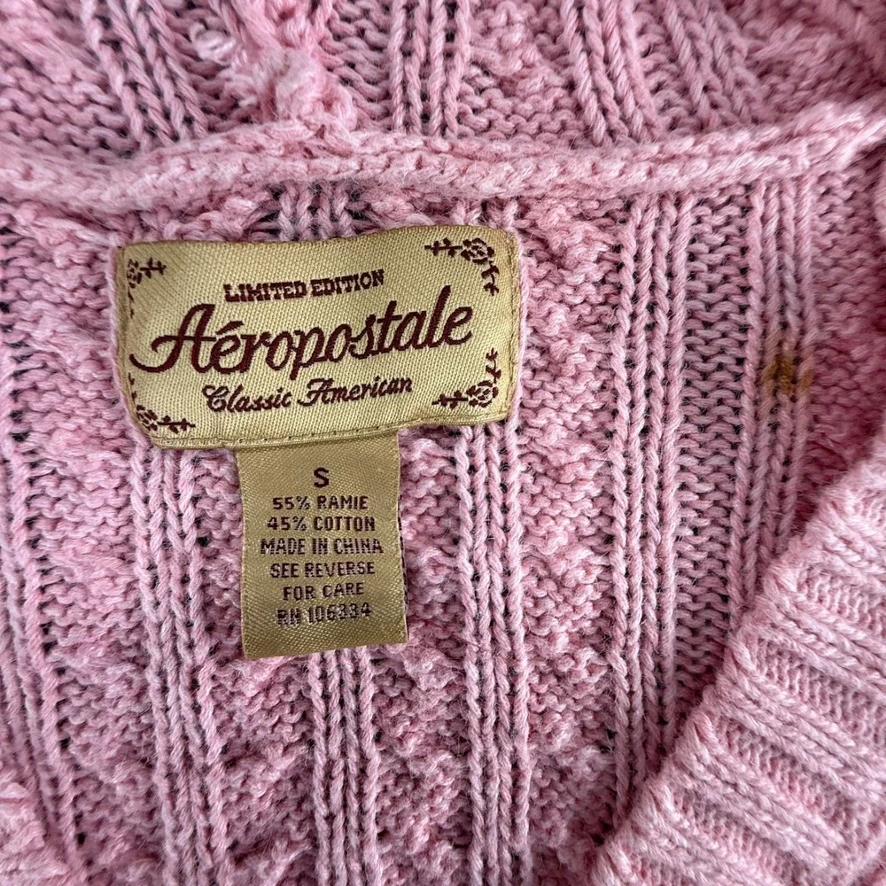Aeropostale Pink Cable Knit Hooded Babydoll Sweater V-Neck Y2K Small 0428